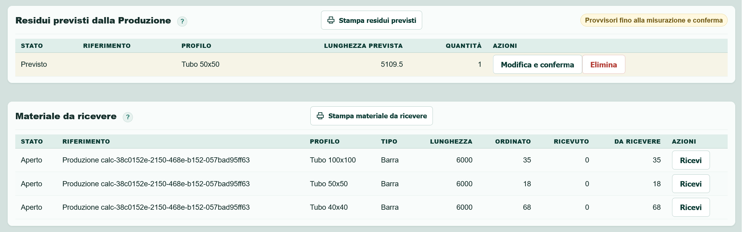Residui previsti e materiale da ricevere