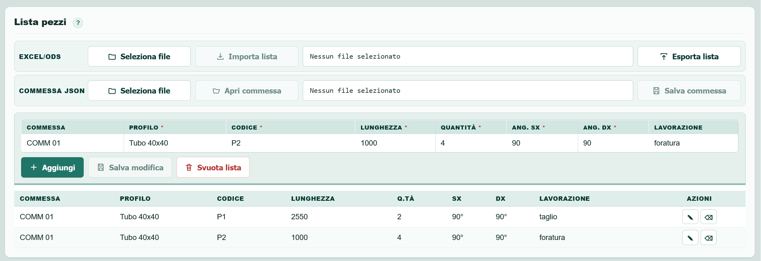 Lista pezzi della pagina Produzione